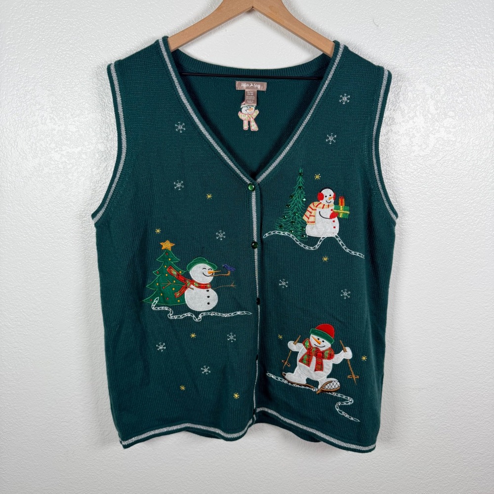 White Stag XL Dark Green Snowman Applique Embroidery Ugly Christmas Sweater Vest
